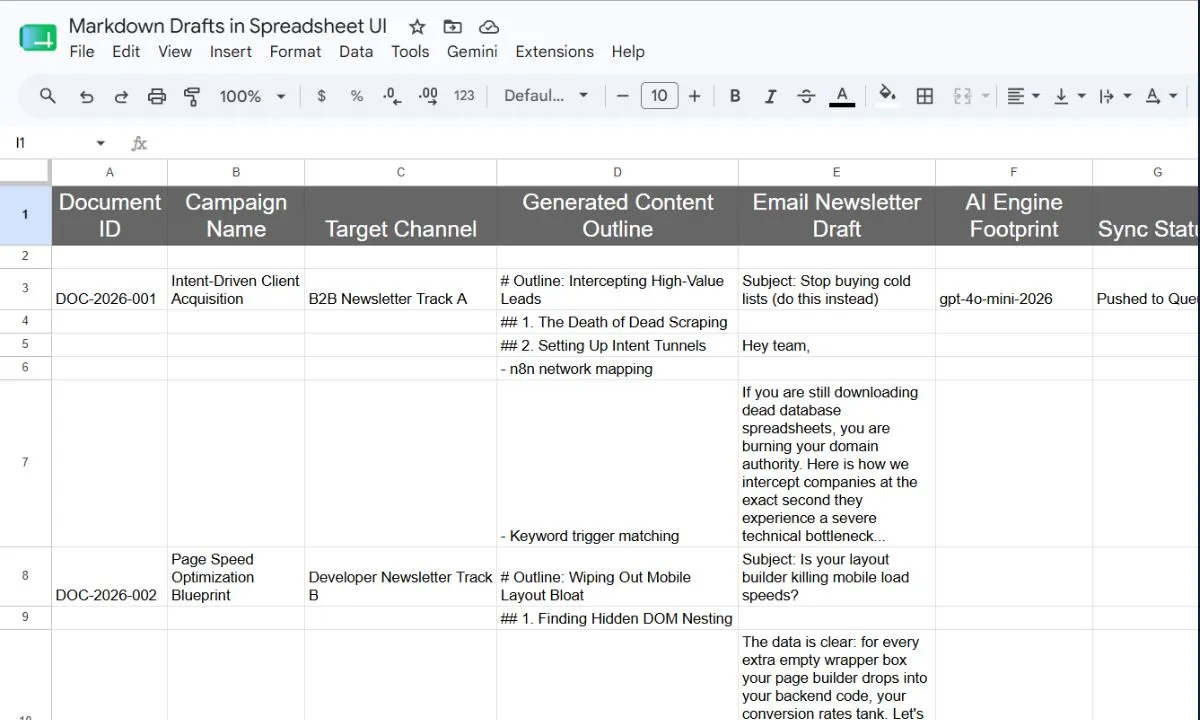 Google Sheets display showing complete markdown drafts populated inside spreadsheet cells
