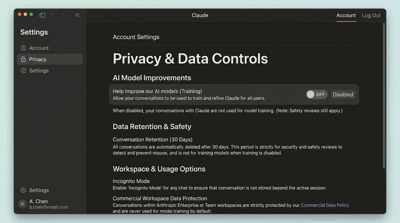 Claude Privacy and Data Controls settings screen