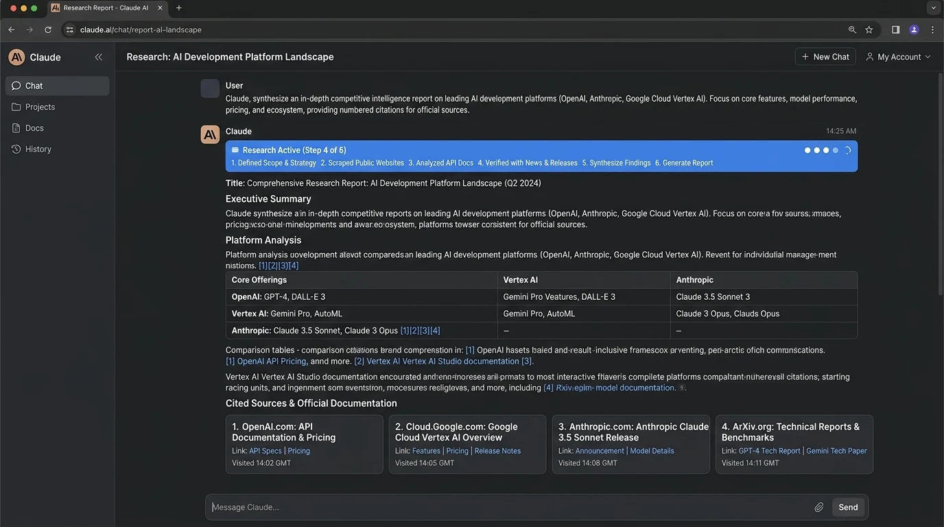 Claude Research workflow showing a multi-step research report with citations