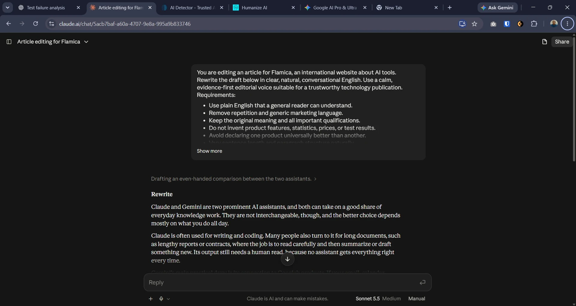 Claude response to the AI comparison article rewriting test
