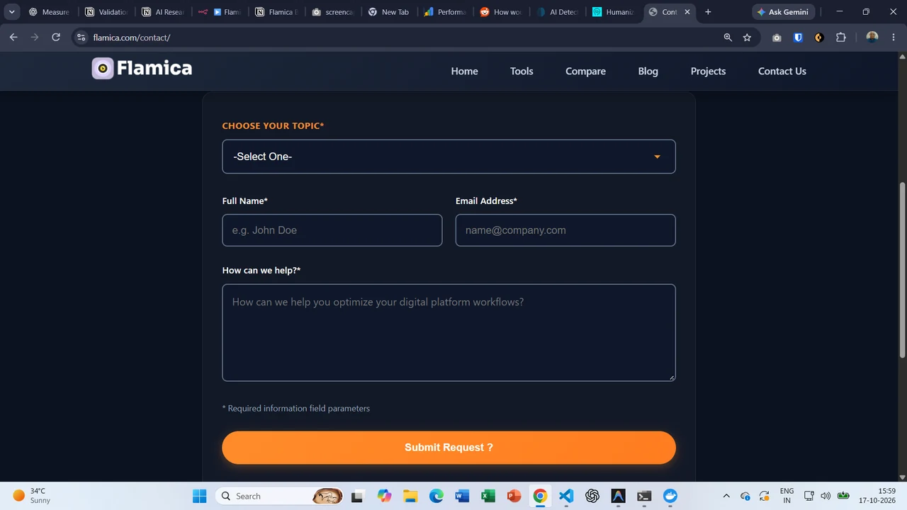 Flamica website contact form used to submit an enquiry to the AI lead capture workflow