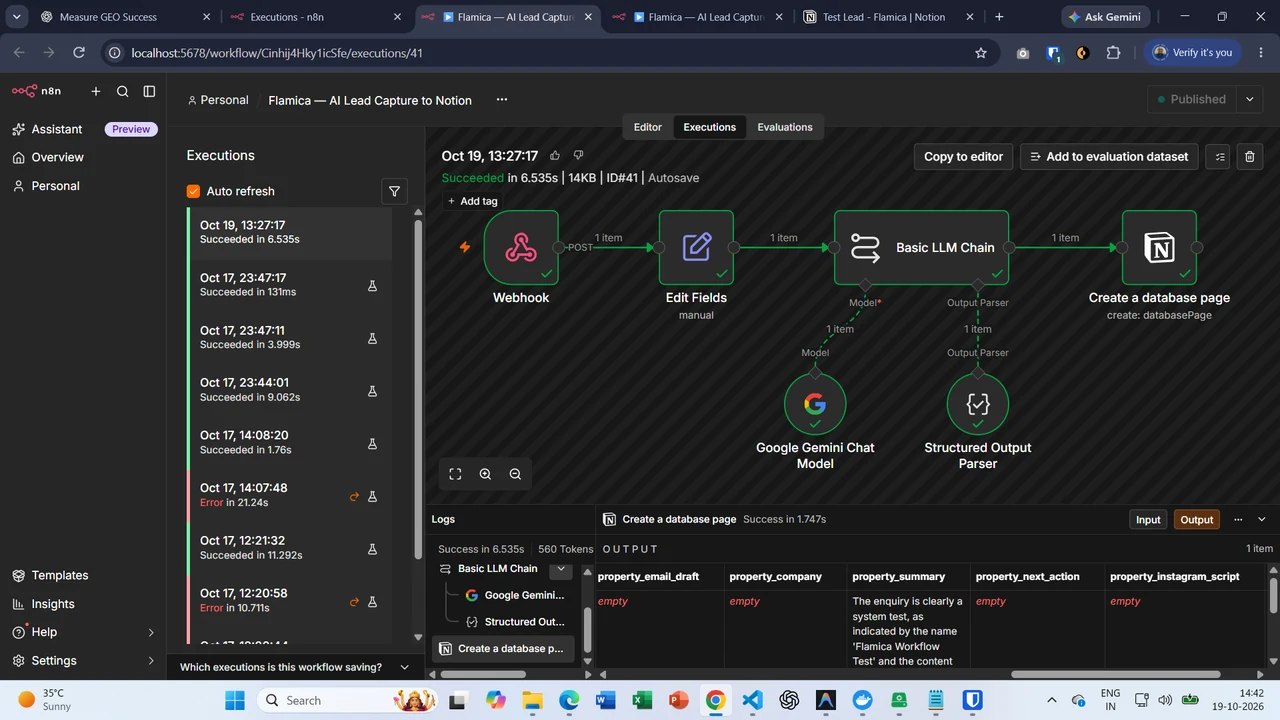 Flamica AI lead capture workflow connecting a website webhook, spam filter, Google Gemini, and Notion