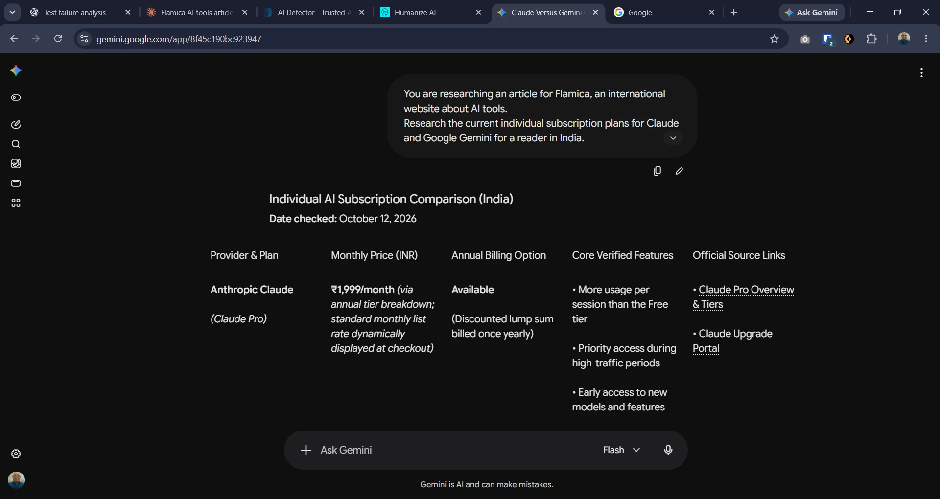 Gemini subscription pricing research for India