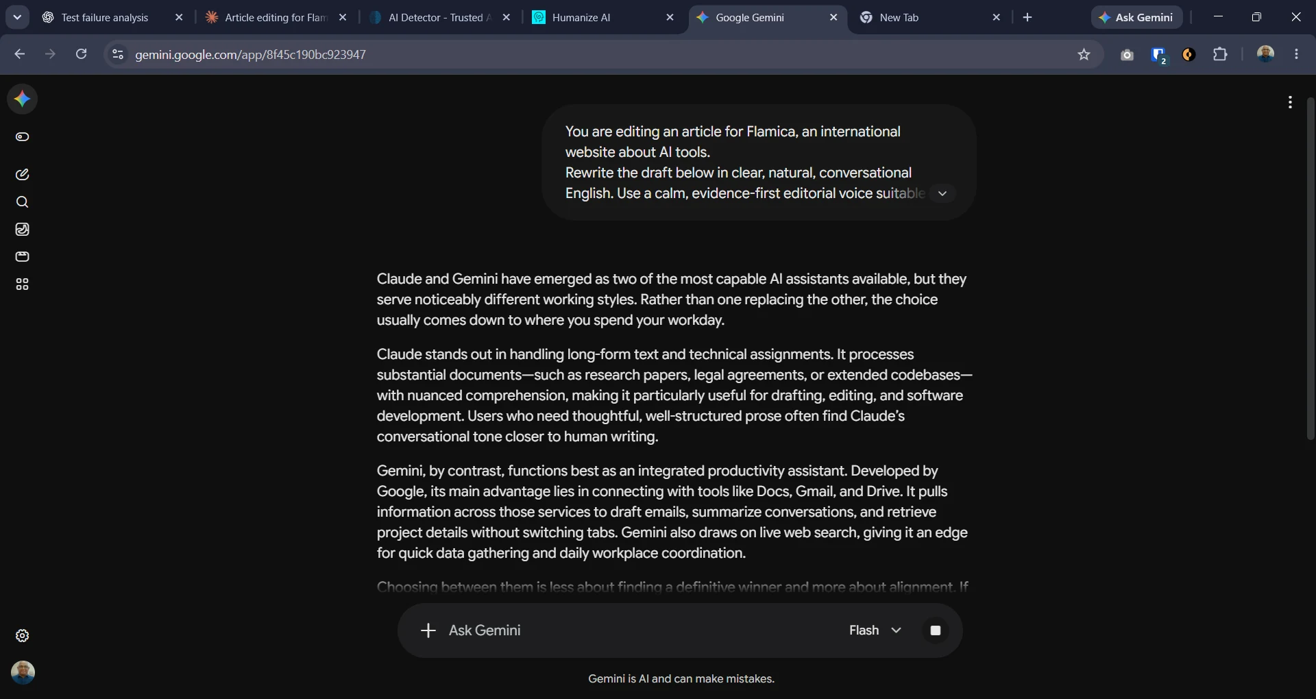 Gemini response to the AI comparison article rewriting test