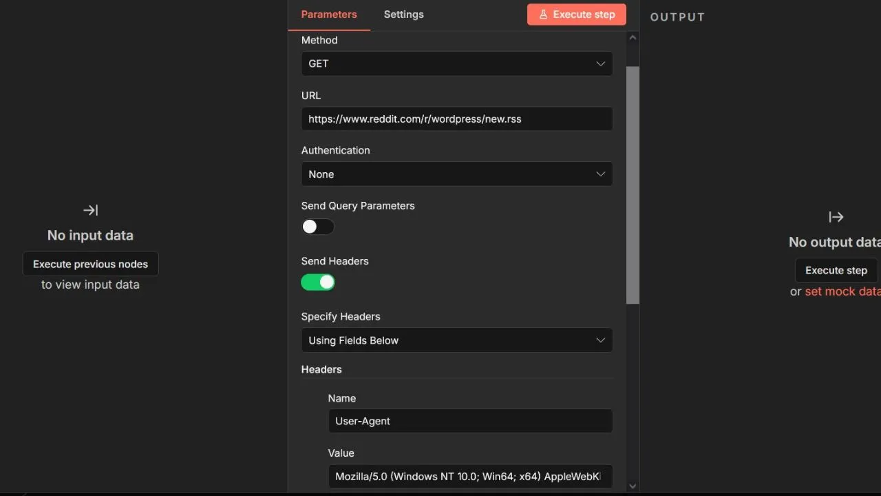 Setting up the custom user-agent header parameters inside the n8n HTTP Request node canvas