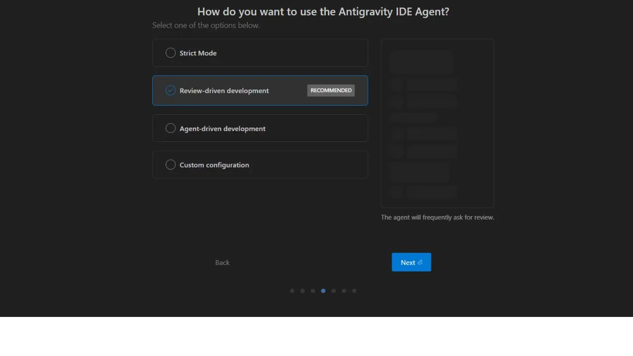 Selecting the agent-driven autopilot mode controls inside the initial app onboarding screen