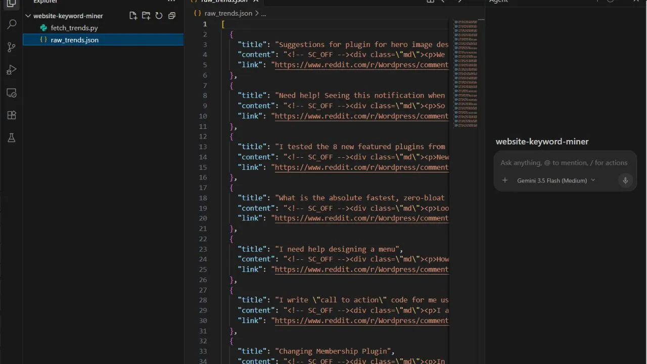 Antigravity IDE app interface open displaying raw data files and custom background python scripts