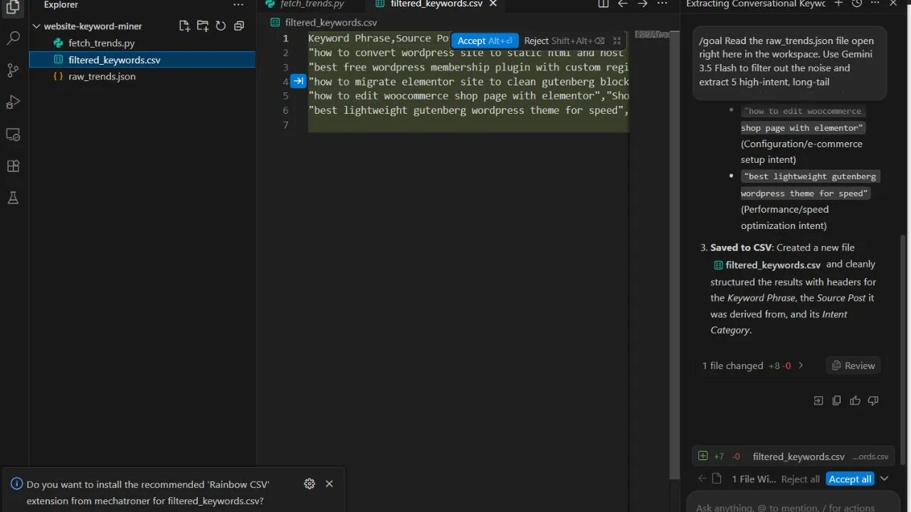 The agent chat workspace panel completing steps and outputting the final filtered keywords sheet