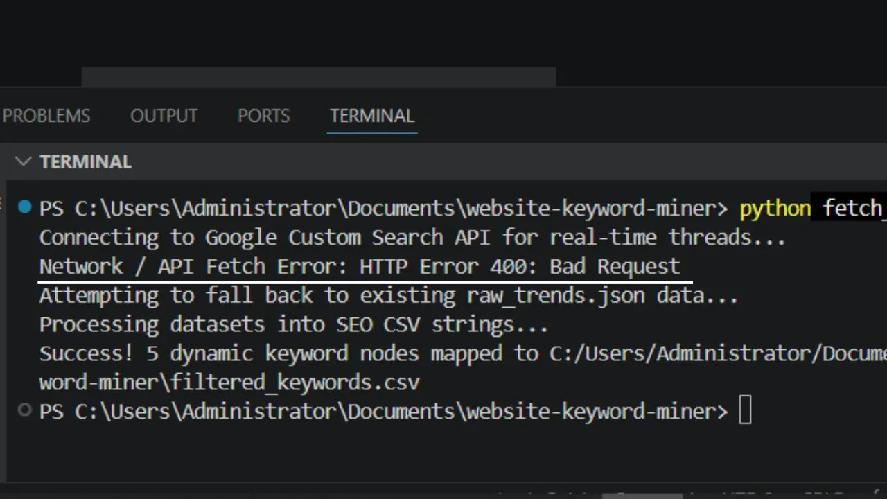 VS Code workspace interface displaying a terminal command execution error indicating blocked network access