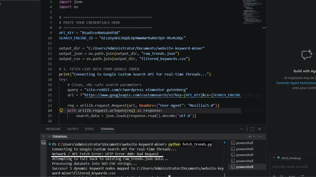 Python execution screen in VS Code highlighting authentication failure error codes