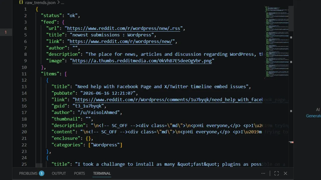An open Google Chrome window navigating to an automated RSS-to-JSON web stream link showing raw community data