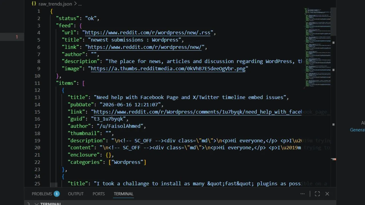 Pasting the raw JSON content directly into raw_trends.json to construct an offline dataset sandbox