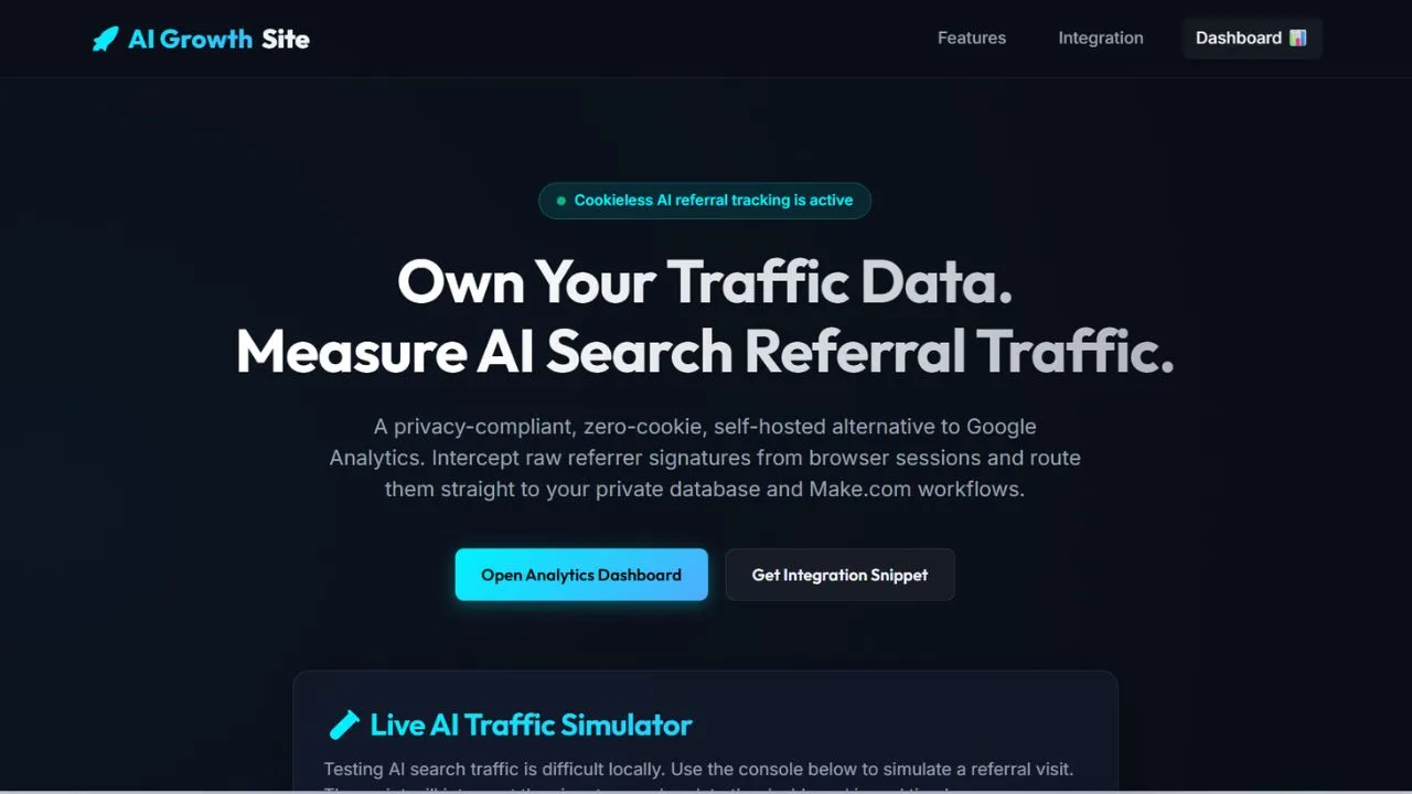 Landing page showing the live simulator test bench panel, which allows clicking buttons to trigger simulated ChatGPT, Claude, and Perplexity clicks
